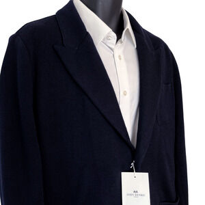 John Henric Knitted Blazer Jacket Mens L Merino Wool Navy Lined Office Event NWT